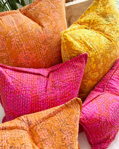 Sunset Orange Floral Block Printed Hand Stitched Square Kantha Cushion