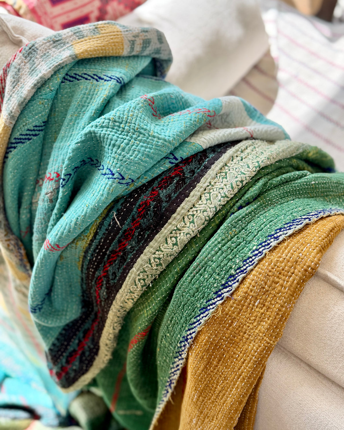 Extra Large Fine Stitched Embroidered Vintage Kantha Quilt in Green, Blue and Terracotta