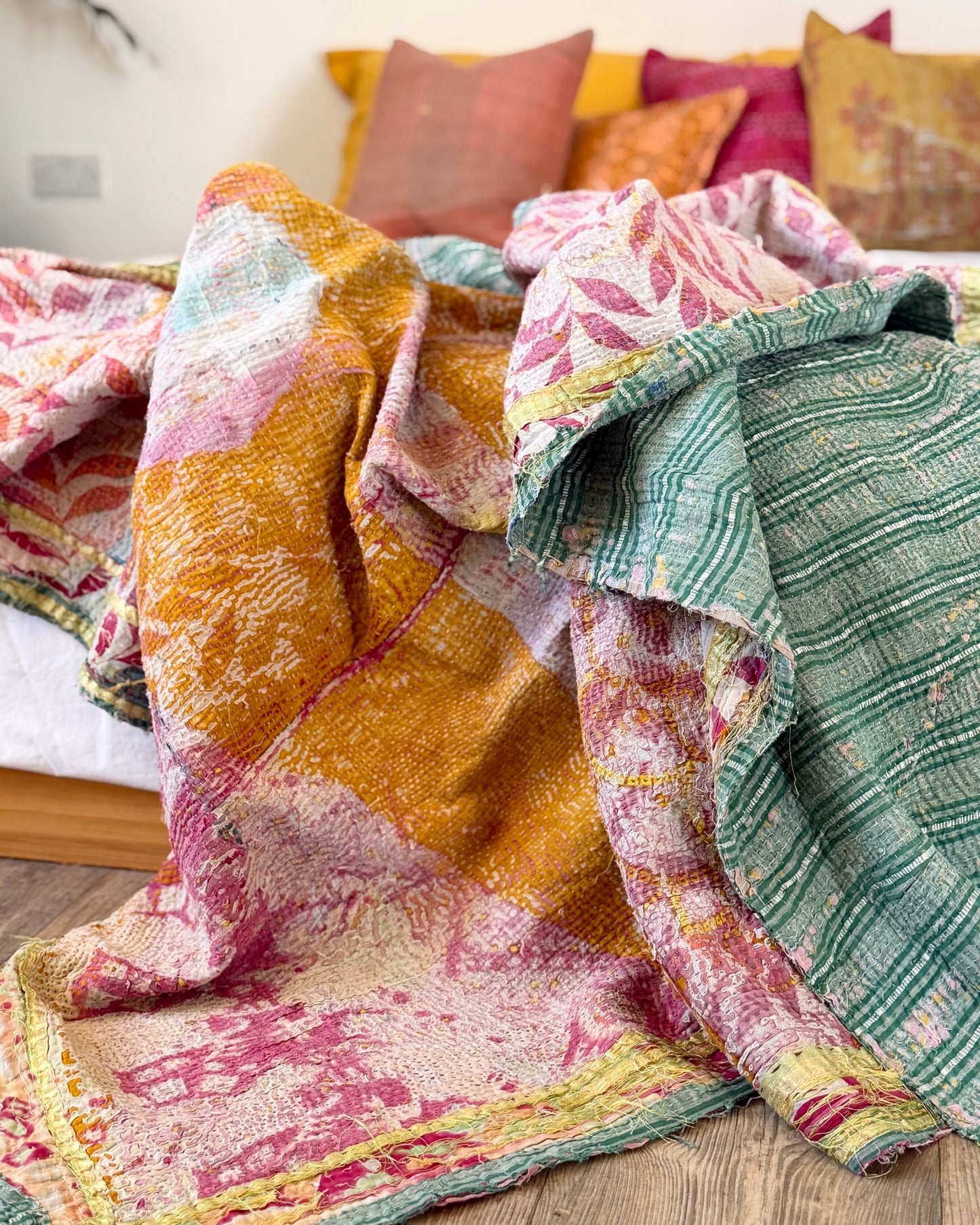 Textured Vintage Kantha Quilt In Pink and Yellow