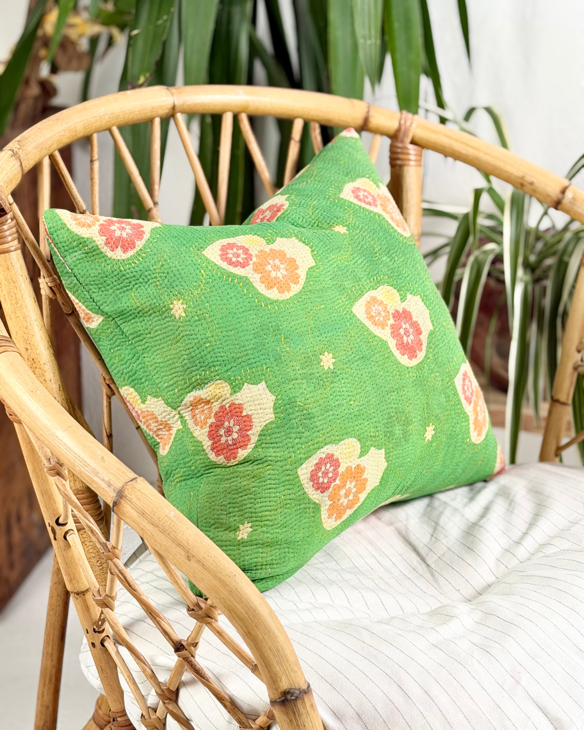 Handmade Vintage Kantha Cushion Cover In Green Floral - 45cm (18") Square