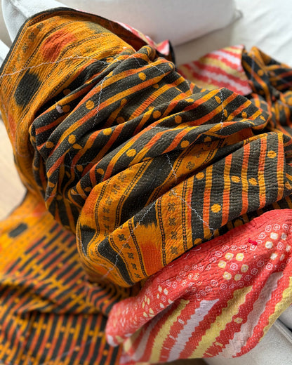 Large Fine Stitched Vintage Kantha Quilt in Orange, Black and Pink - Biggs & Hill