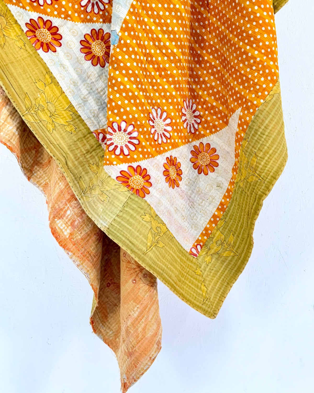 Large Fine Stitched Vintage Kantha Quilt in Yellow and Orange - Biggs & Hill