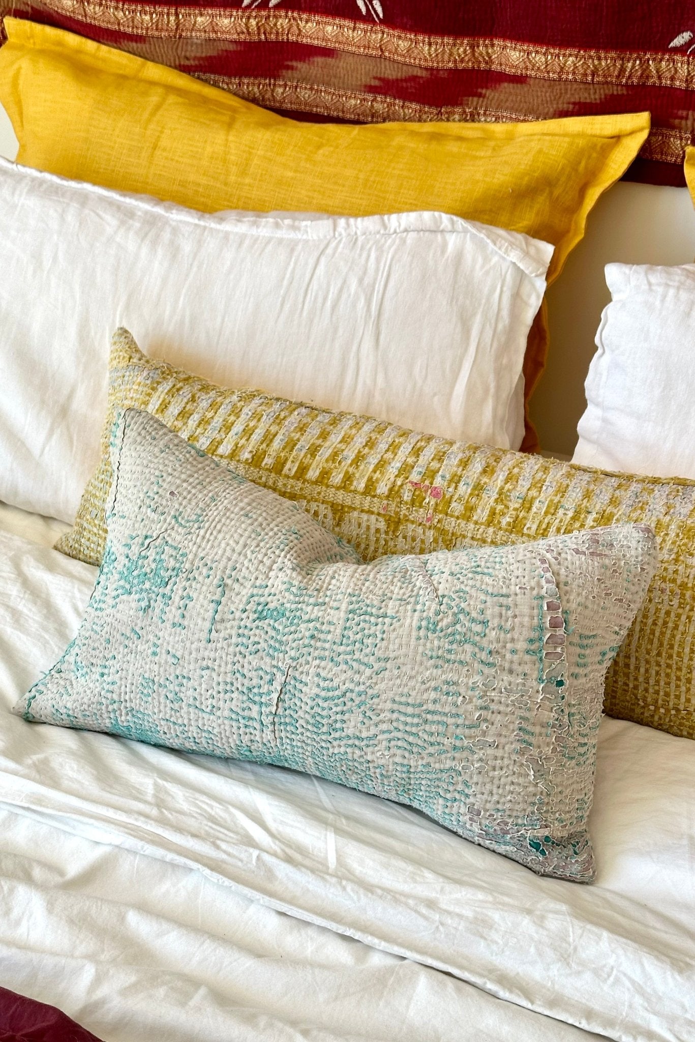 Vintage Kantha Cushion In Light Blue - Small Rectangular - Biggs & Hill