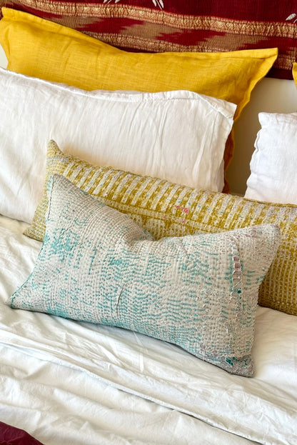 Vintage Kantha Cushion In Light Blue - Small Rectangular - Biggs & Hill