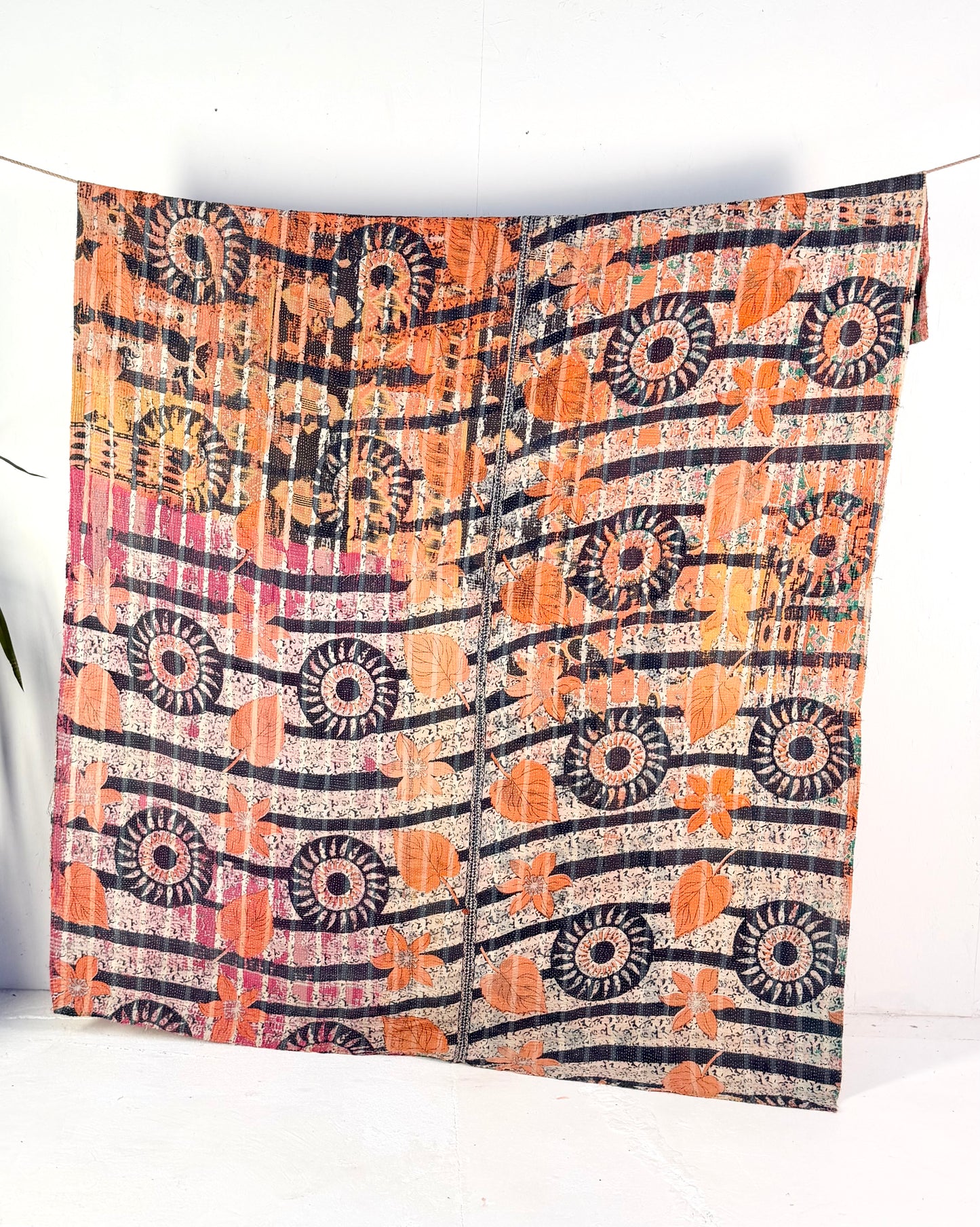 Large Textured Vintage Kantha Quilt in Pink and Blue Patterns