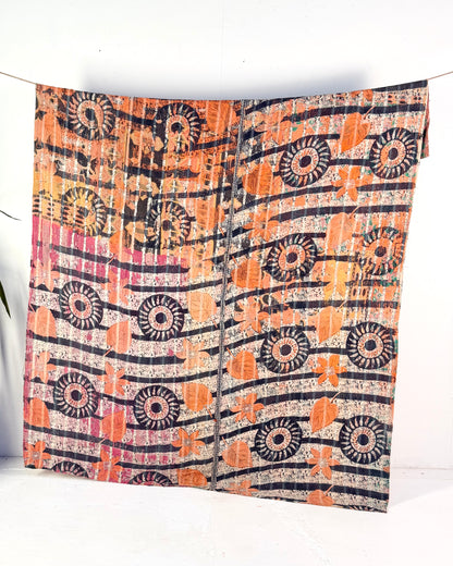 Large Textured Vintage Kantha Quilt in Pink and Blue Patterns