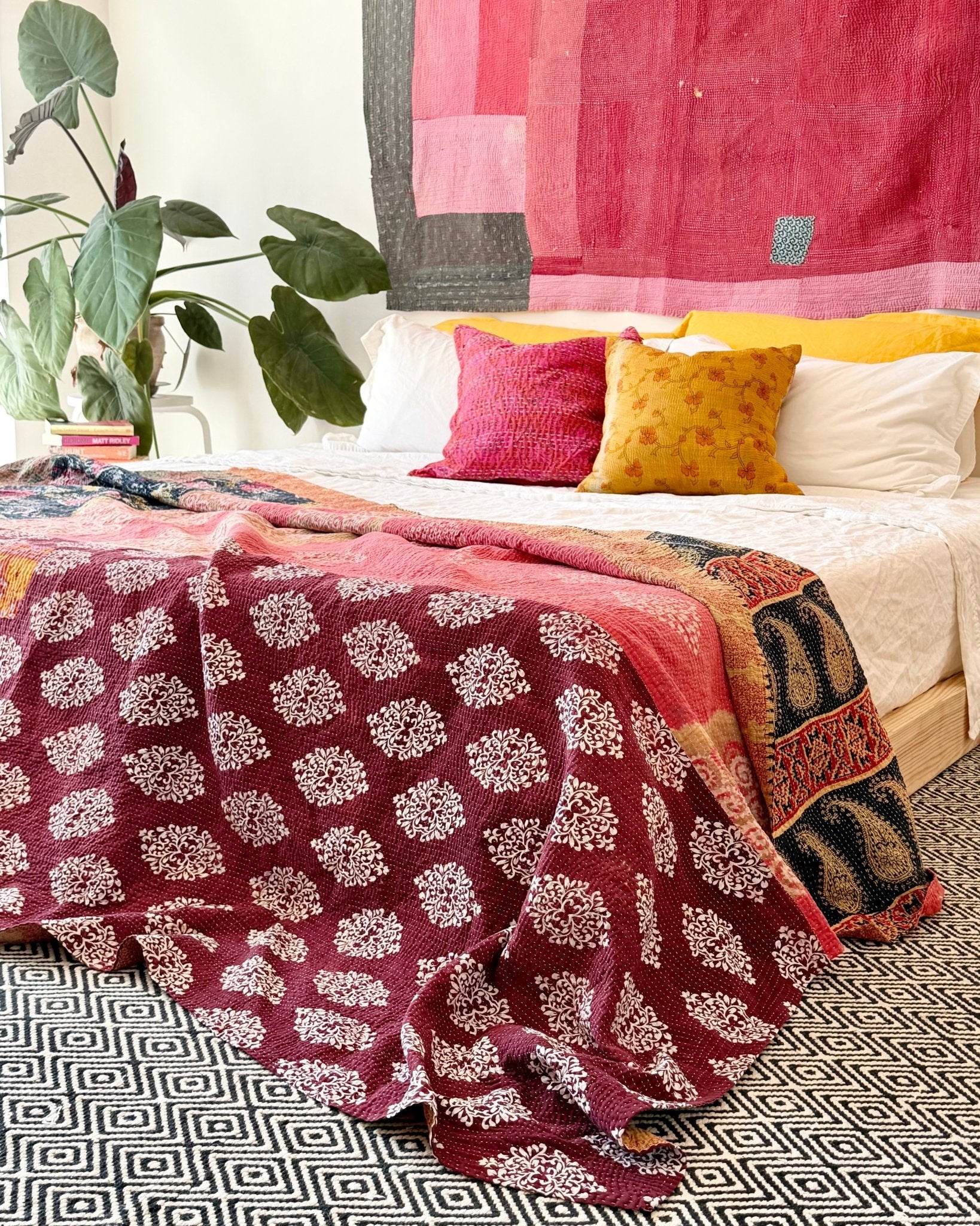 Large Fine Stitched Vintage Kantha Quilt in Pinks, Burgundy and Yelllows - Biggs & Hill