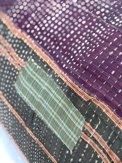 Extra Large Square Kantha Pouf Cushion Cover With Blue and Grey Stripes