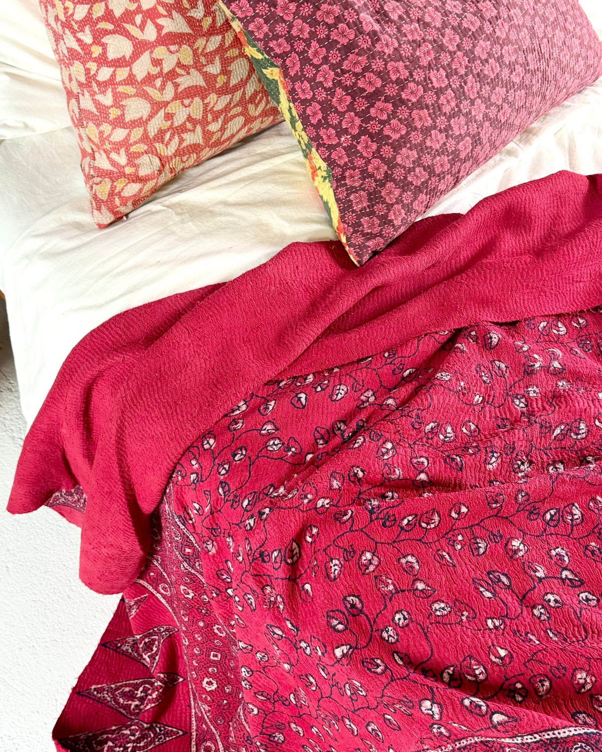 Ajrakh Printed Vintage Kantha Quilt in Deep Red - Biggs & Hill