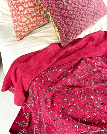 Ajrakh Printed Vintage Kantha Quilt in Deep Red - Biggs & Hill
