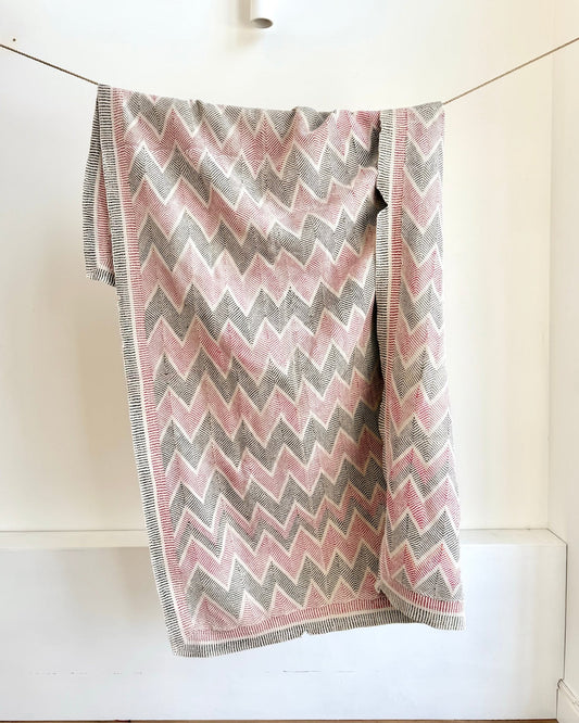 Heavy Vintage Lohori Kantha Quilt in Pink and Black Zig Zags - Biggs & Hill