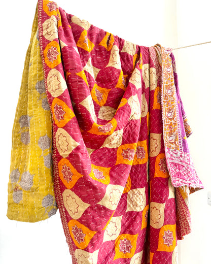 Vintage Cotton Kantha Quilt With Pink And Orange Diamond Pattern #40
