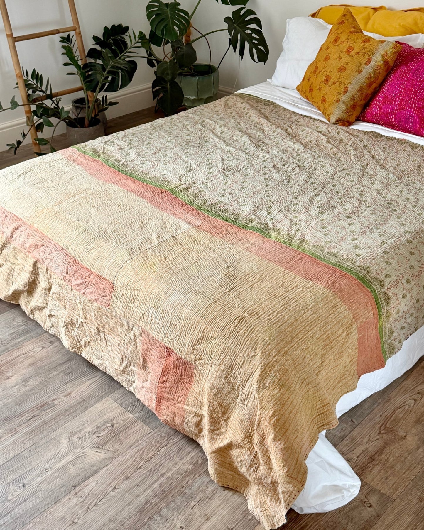Fine Stitched Vintage Kantha Quilt in Patchwork Blue, White and Green - Biggs & Hill