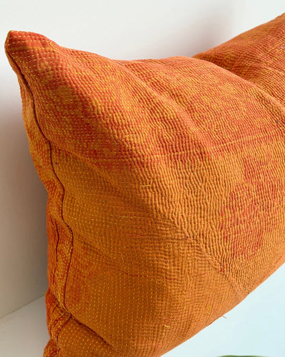 Vintage Kantha Cushion In Orange 03 - Large Rectangular - Biggs & Hill