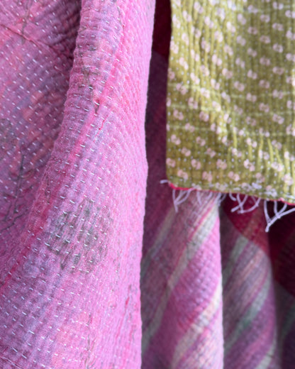 Extra Large Fine Stitched Vintage Kantha Quilt in Pink Stripes and Green