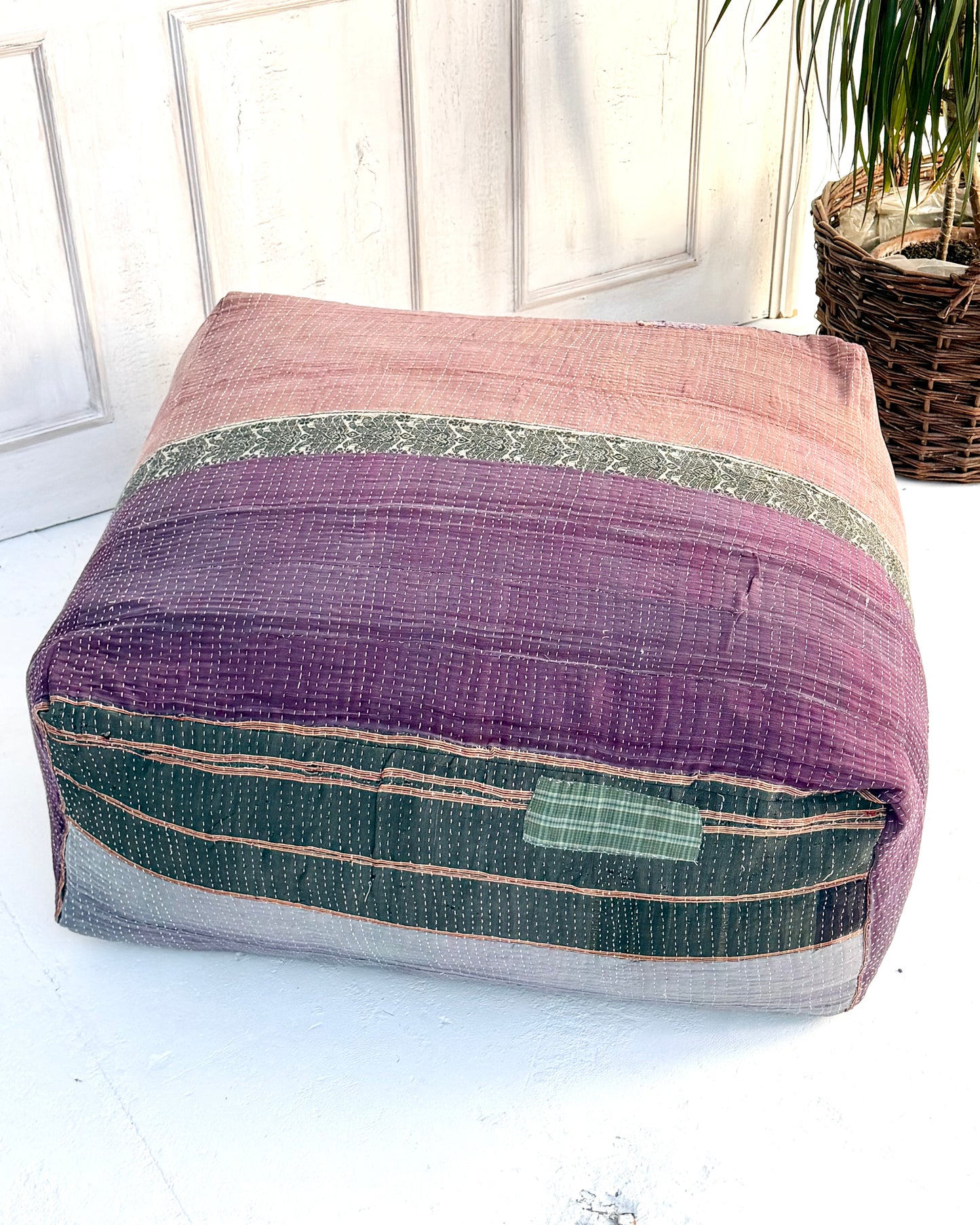 Extra Large Square Kantha Pouf Cushion Cover With Blue and Grey Stripes