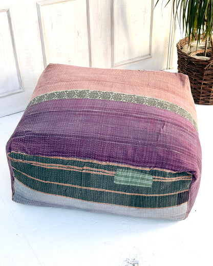 Extra Large Square Kantha Pouf Cushion Cover With Blue and Grey Stripes