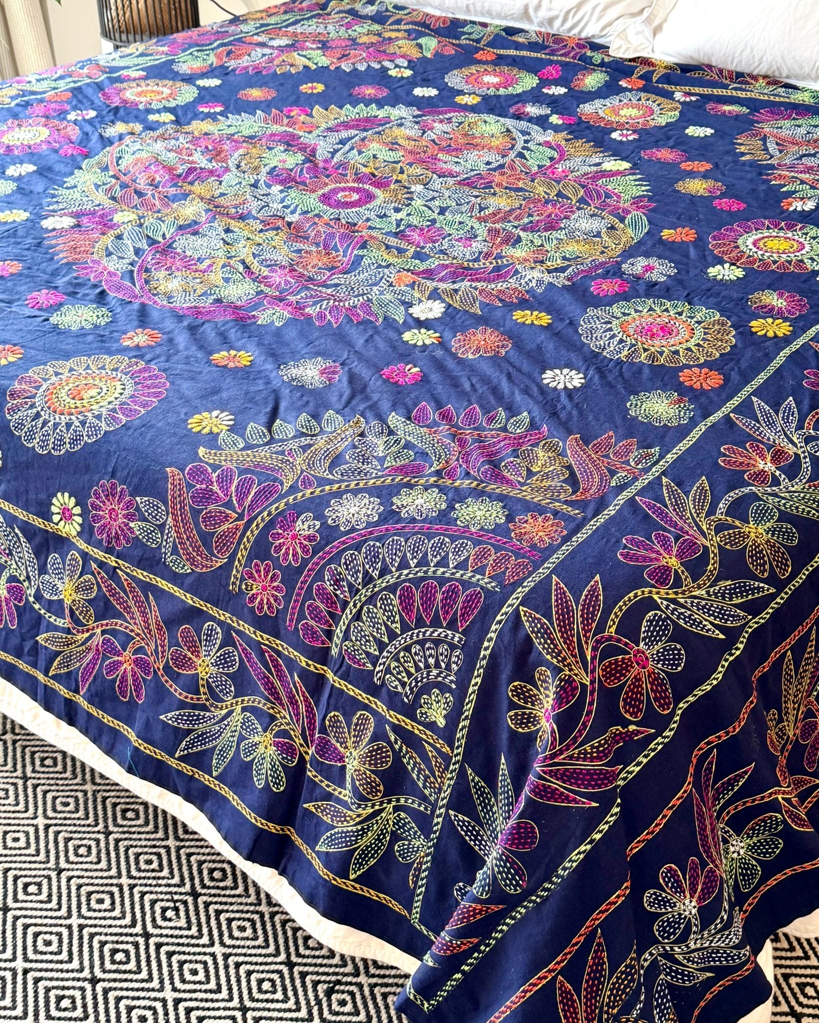 Embroidered Handmade Revival Nakshi Kantha Bedcover in Deep Blue - Biggs & Hill