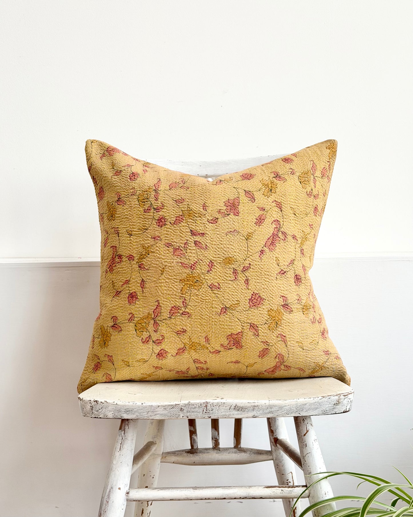 Vintage Kantha Cushion With Yellow Flowers - 45cm Square