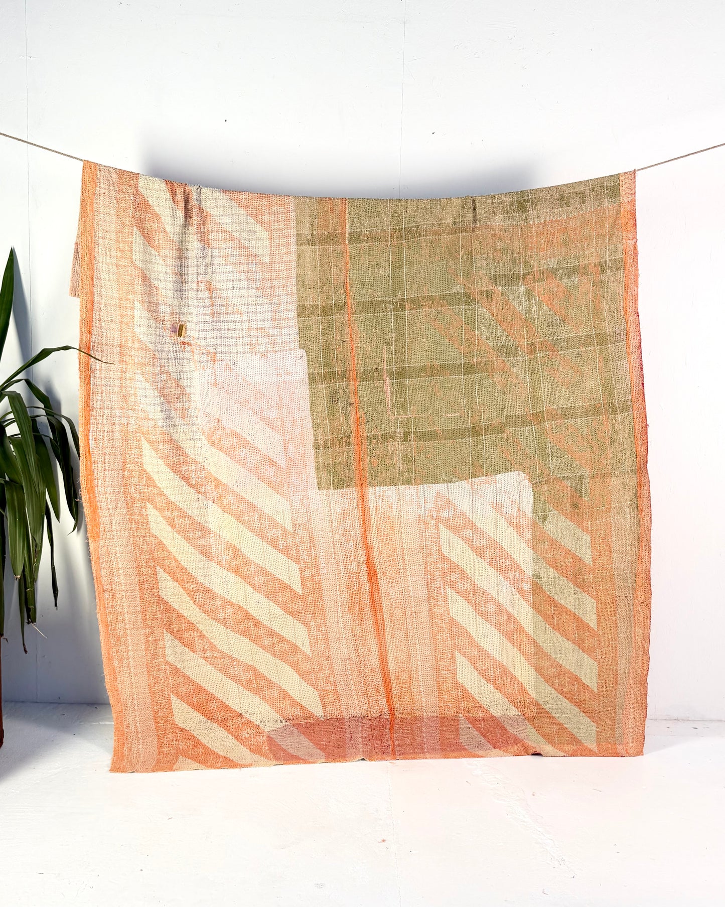 Extra Large Textured Vintage Kantha Quilt in Pink Colour Block and Peachy Pastels