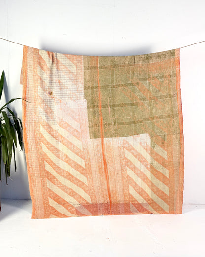 Extra Large Textured Vintage Kantha Quilt in Pink Colour Block and Peachy Pastels