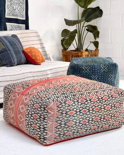 Extra Large Square Kantha Pouf Cushion Cover With Red and Navy Block Print