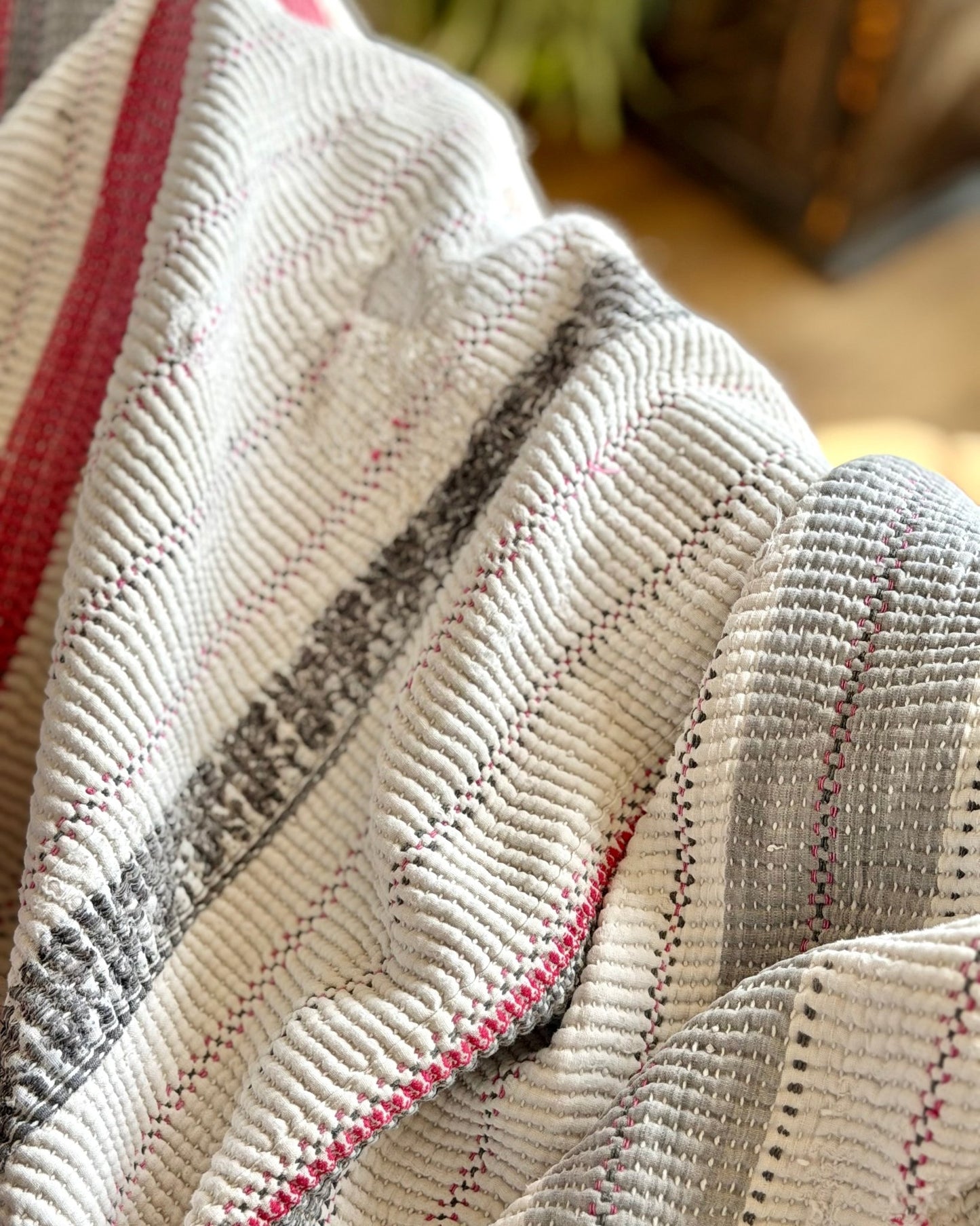 Large Heavy Fine Stitched Embroidered Vintage Kantha Quilt in White and Pink - Biggs & Hill