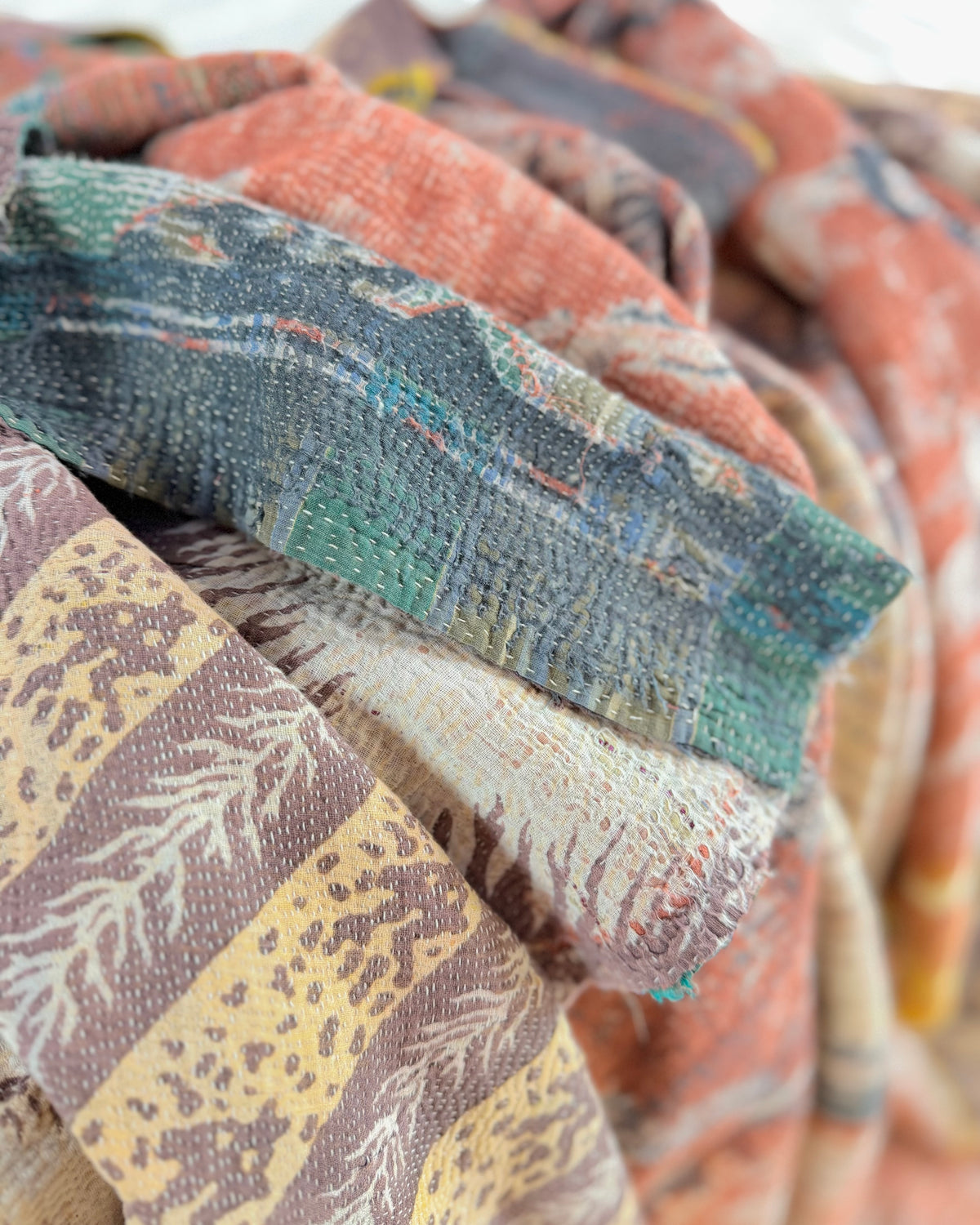 Large Extra Fine Stitched Vintage Kantha Quilt in Pinks and Greys