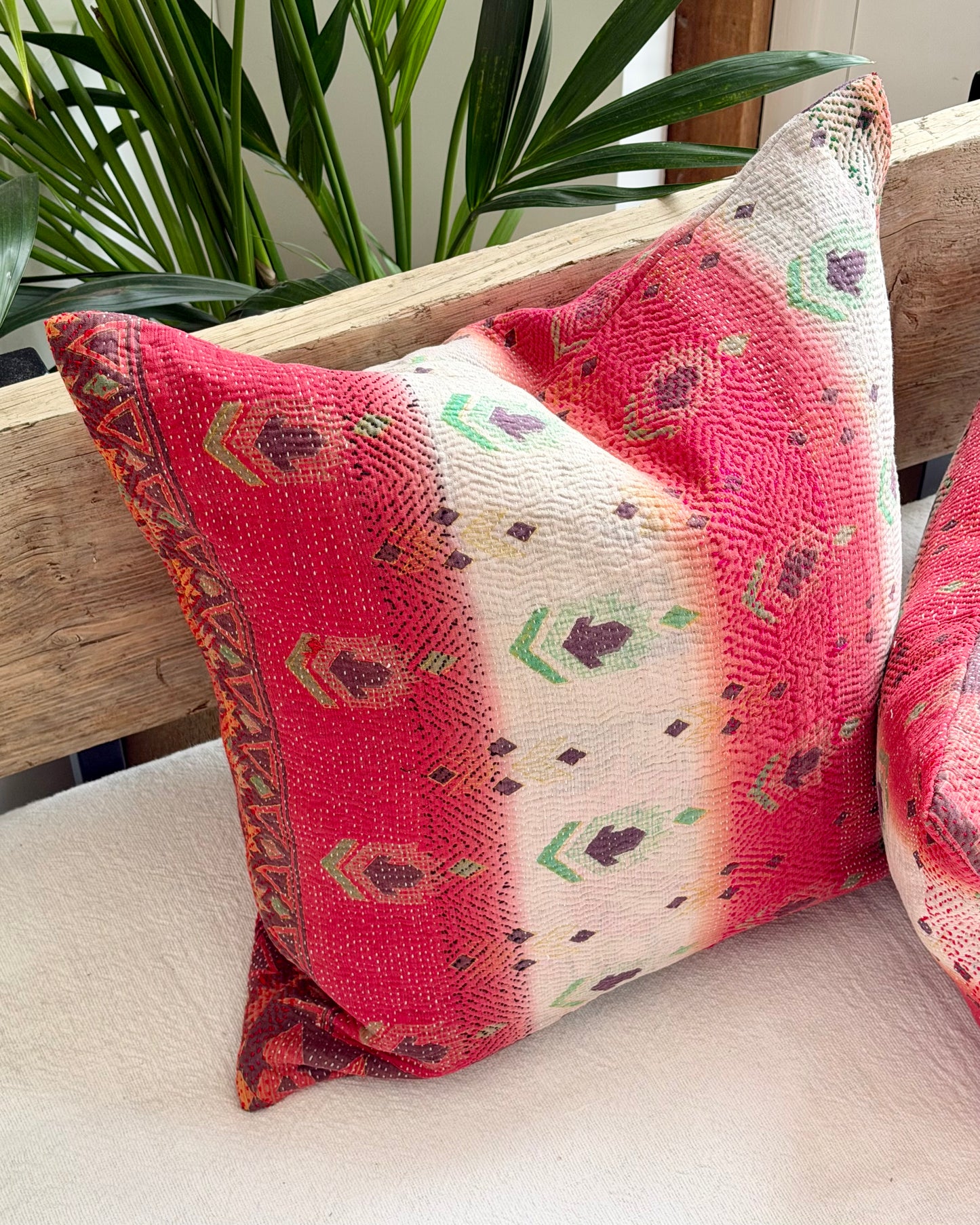 Vintage Kantha Cushion In Pink, White and Purple - 45cm Square