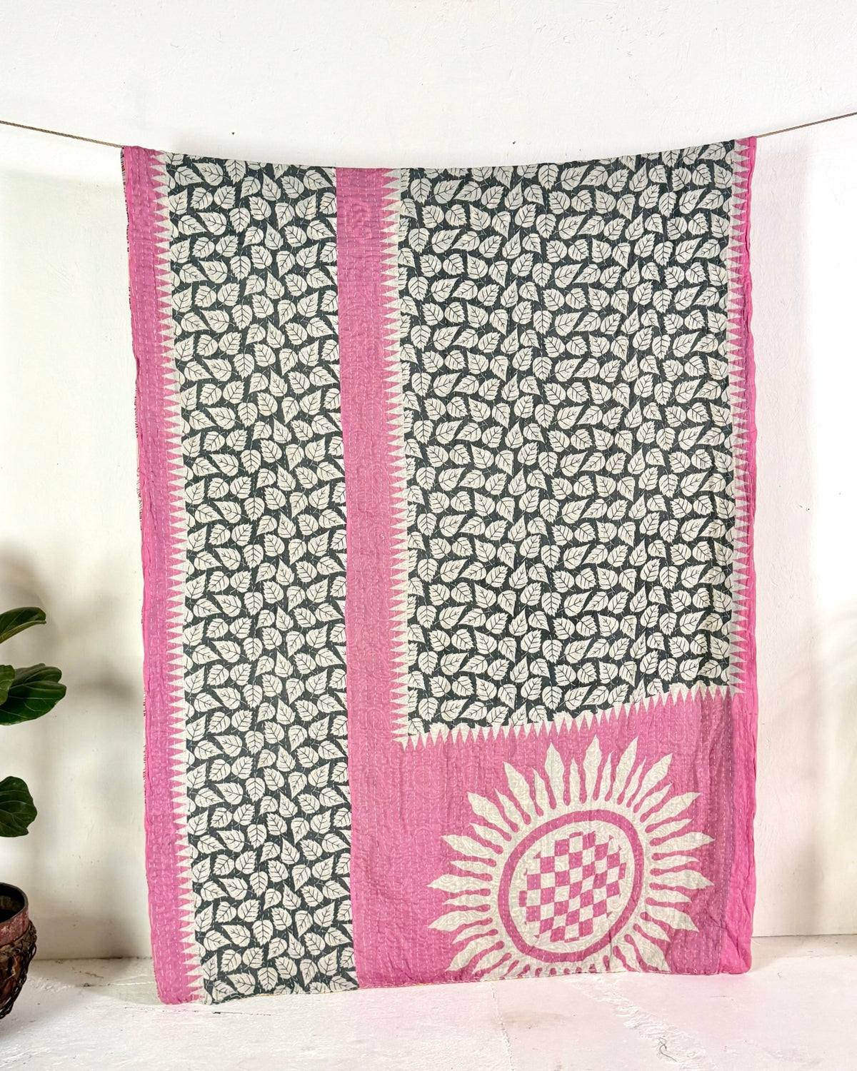 Vintage Cotton Kantha Quilt In Yellow and Pink 10 - Biggs & Hill