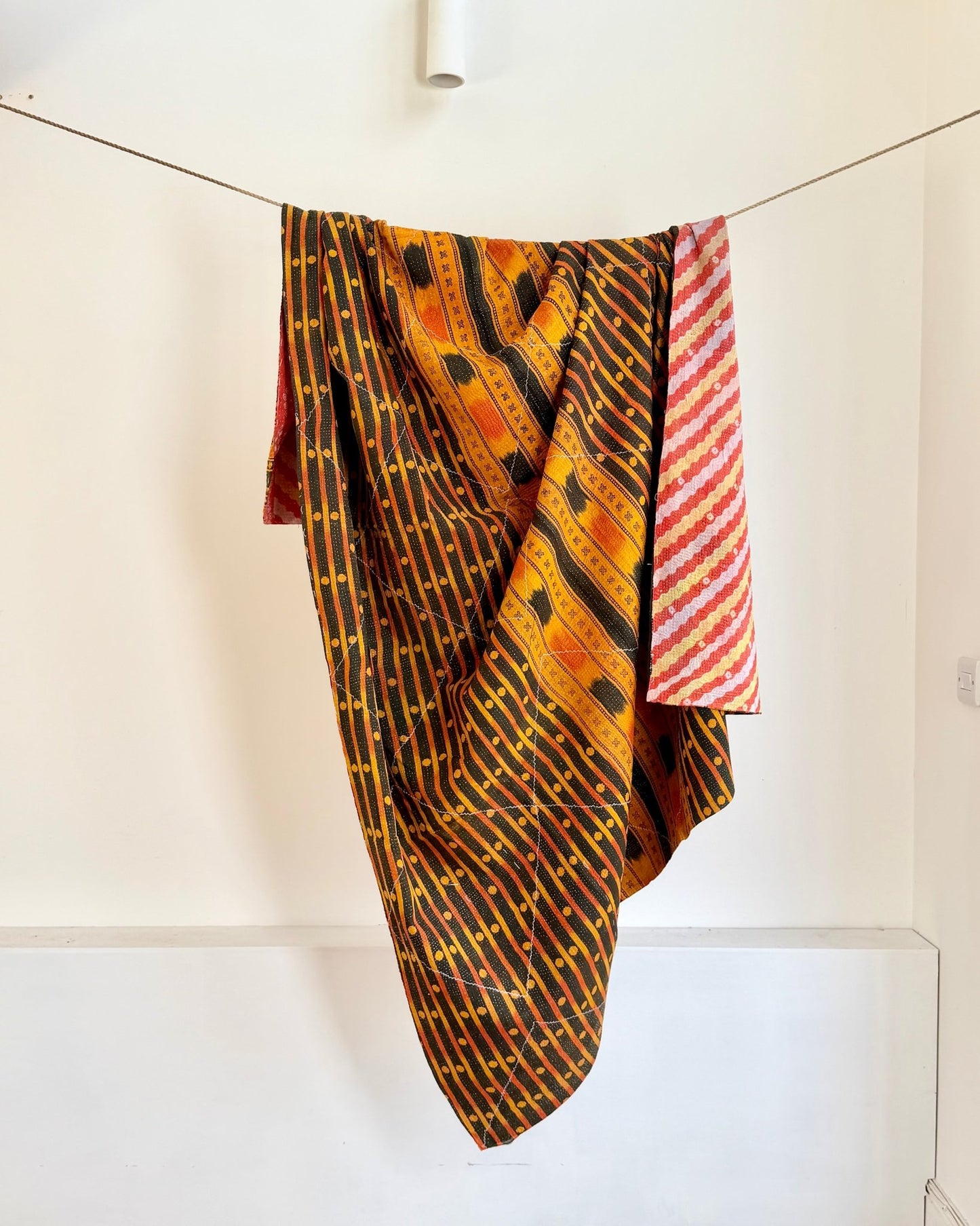 Large Fine Stitched Vintage Kantha Quilt in Orange, Black and Pink - Biggs & Hill