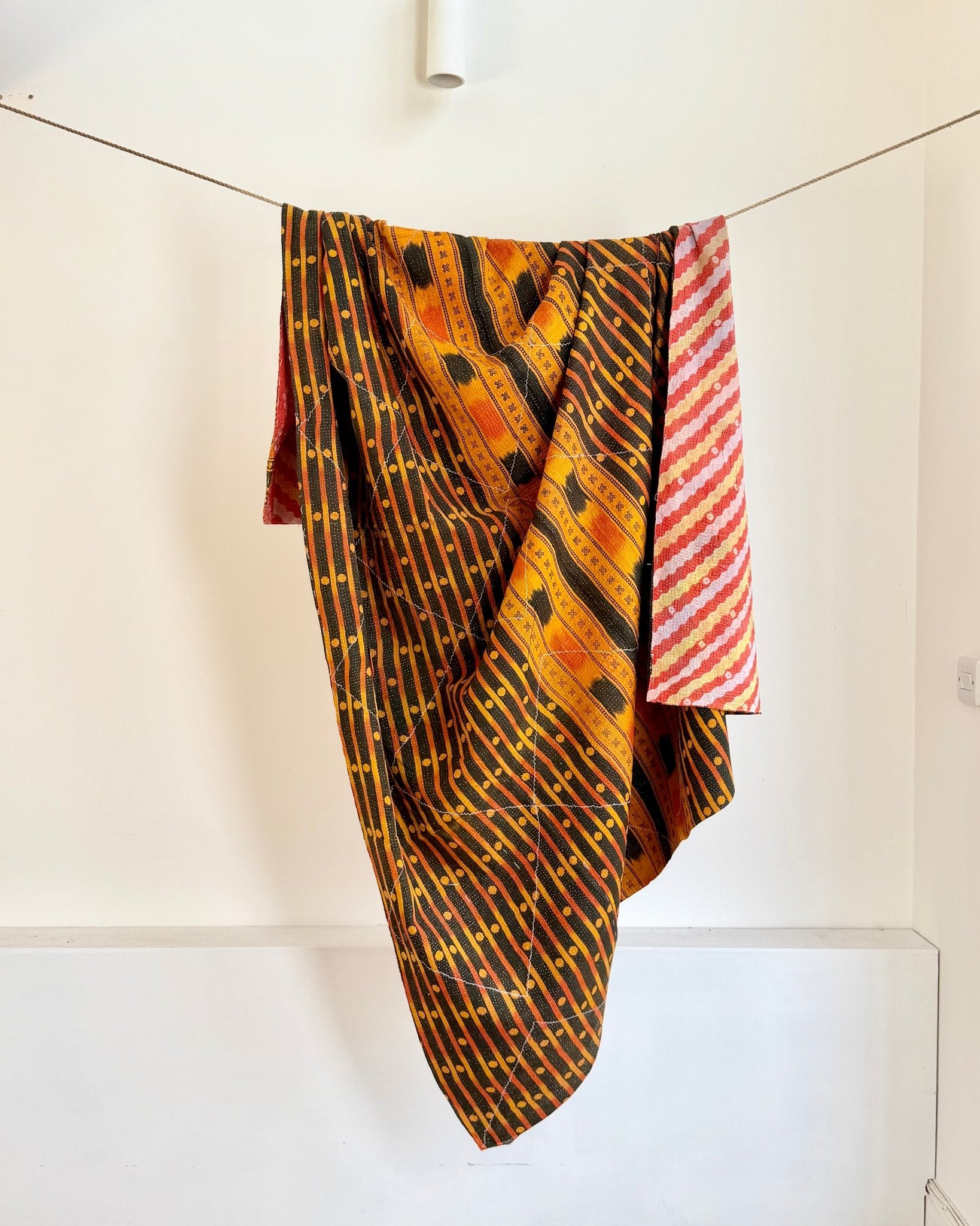 Large Fine Stitched Vintage Kantha Quilt in Orange, Black and Pink - Biggs & Hill