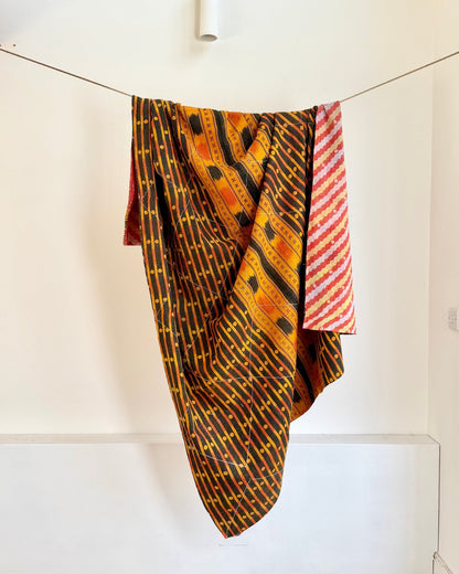 Large Fine Stitched Vintage Kantha Quilt in Orange, Black and Pink - Biggs & Hill