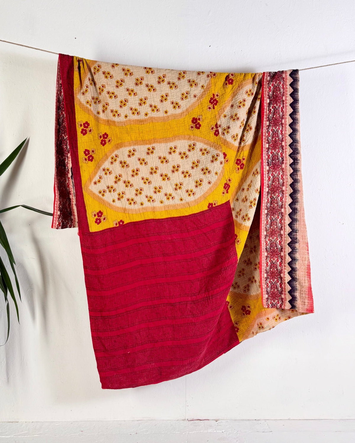 Extra Large Fine Stitched Vintage Kantha Quilt in Geometric Red and Yellow - Biggs & Hill