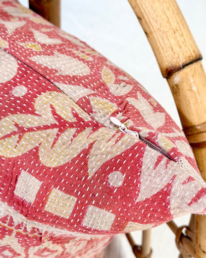 Handmade Vintage Kantha Cushion Cover In Pink Floral - 45cm (18") - Biggs & Hill