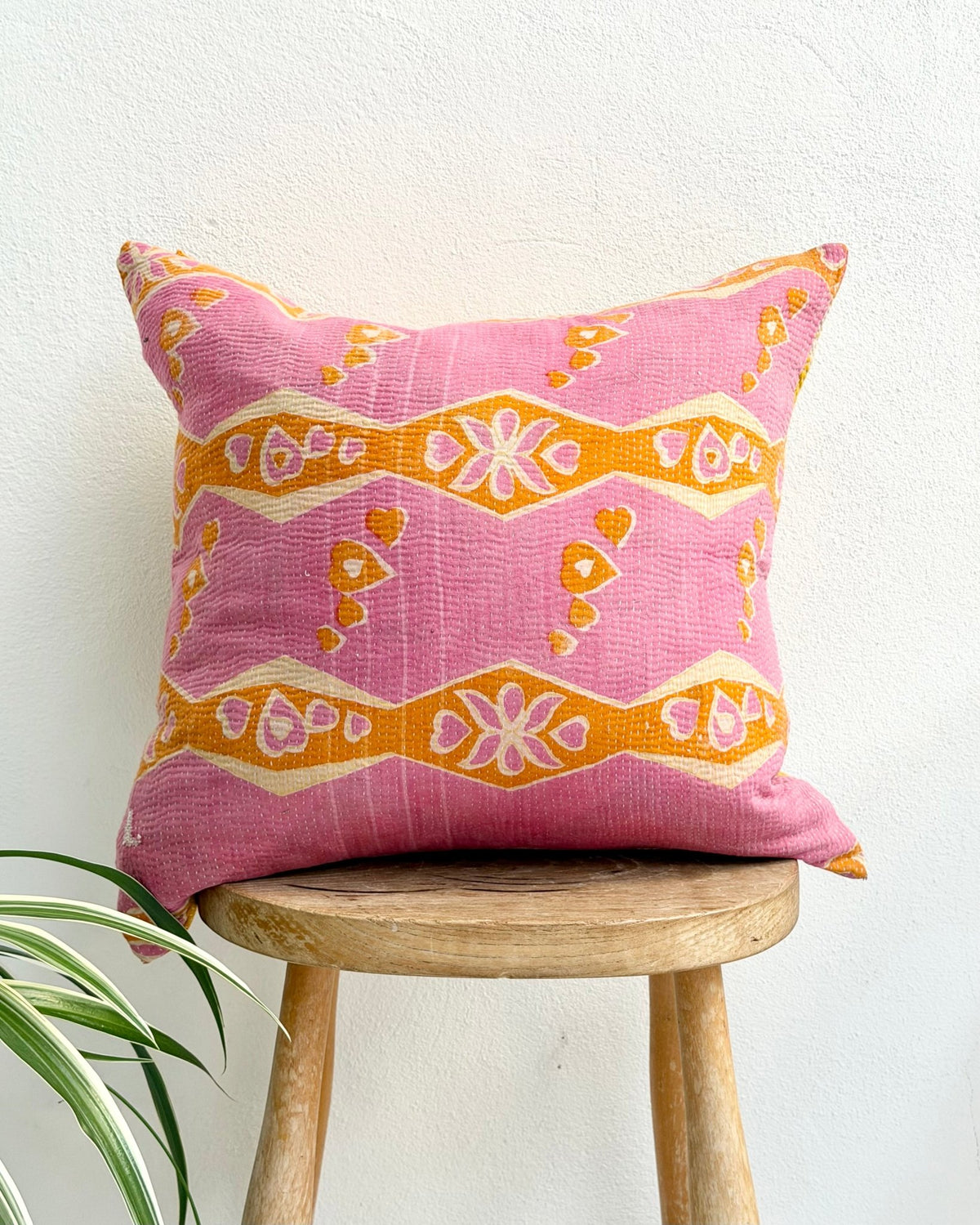 Handmade Reversible Vintage Kantha Cushion Cover In Pink and Yellow- 45cm (18") - Biggs & Hill