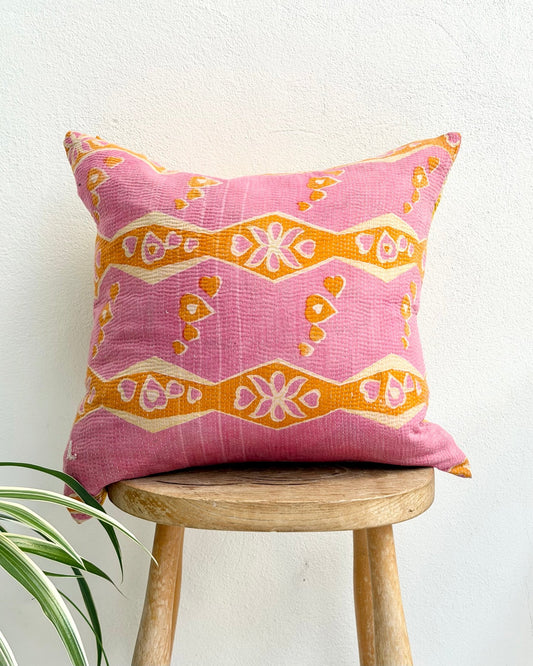 Handmade Reversible Vintage Kantha Cushion Cover In Pink and Yellow- 45cm (18") - Biggs & Hill