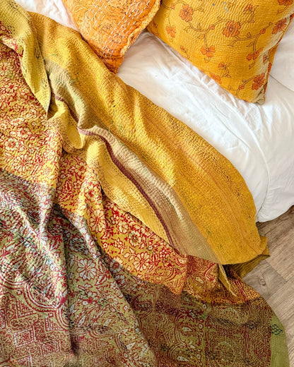Ajrakh Printed Vintage Kantha Quilt In Green-Gold - Biggs & Hill
