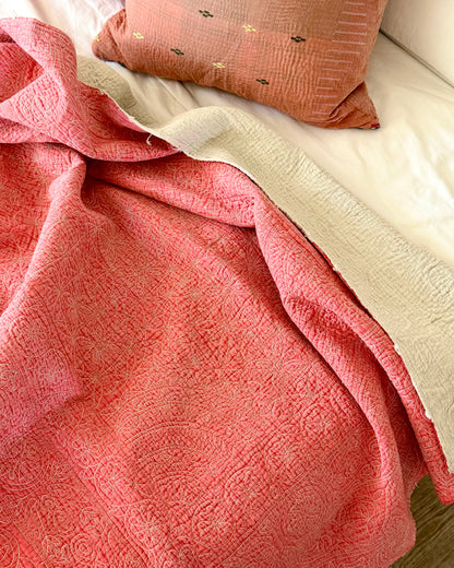 Embroidered Sujini Vintage Kantha Quilt In Faded Pink With Lotus Flower