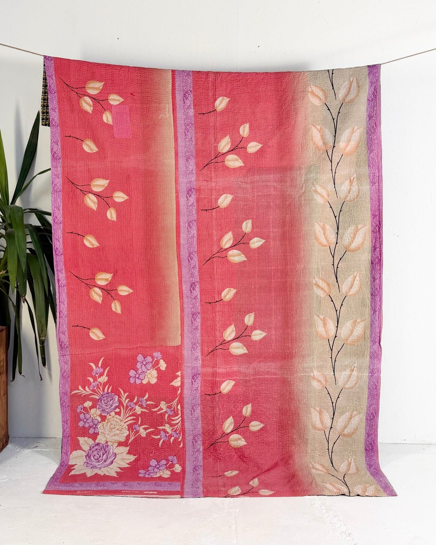 Extra Large Fine Stitched Vintage Kantha Quilt in Pink Floral, Yellow and Blue - Biggs & Hill