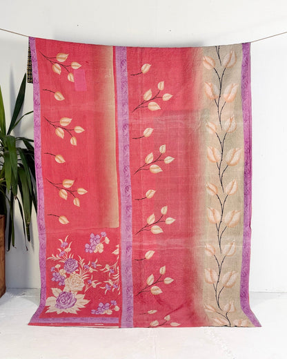 Extra Large Fine Stitched Vintage Kantha Quilt in Pink Floral, Yellow and Blue - Biggs & Hill