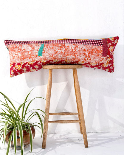 Vintage Kantha Bolster Cushion Cover In Patchwork Red and Pink - 100cm