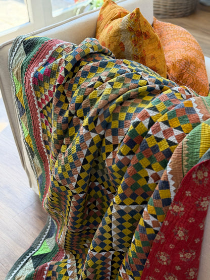 Vintage Embroidered Patchwork Ralli Quilt in Shades of Green