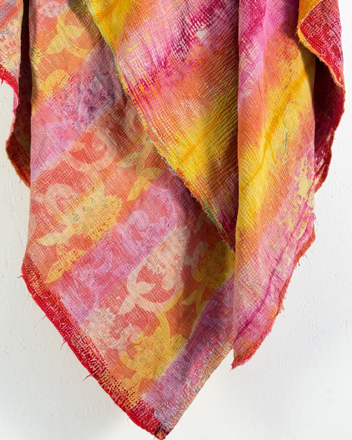 Large Fine Stitched Vintage Kantha Quilt in Pink and Yellow - [BED Pictures] - Biggs & Hill