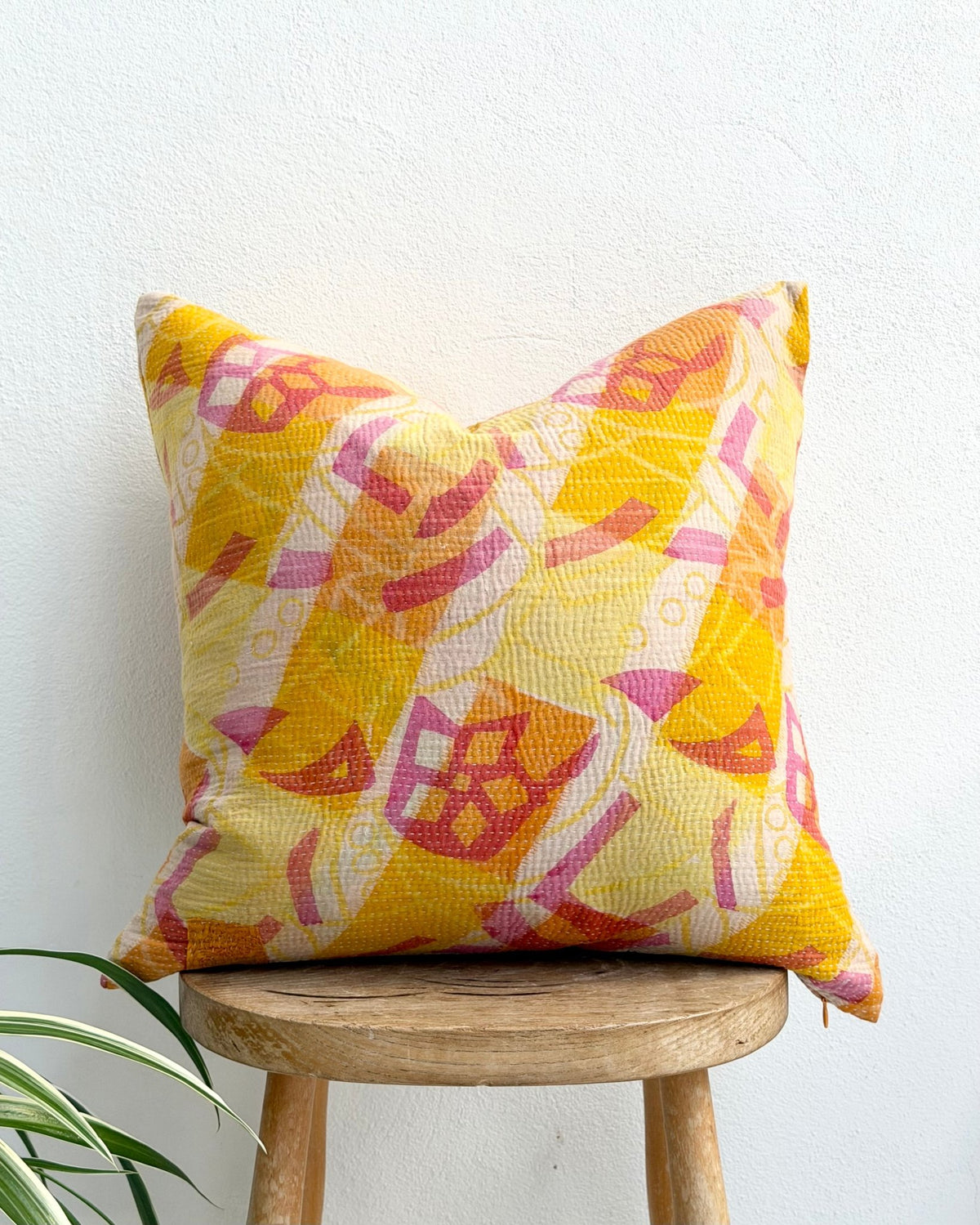 Handmade Reversible Vintage Kantha Cushion Cover In Pink and Yellow - 45cm (18") - Biggs & Hill