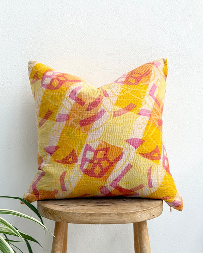 Handmade Reversible Vintage Kantha Cushion Cover In Pink and Yellow - 45cm (18") - Biggs & Hill