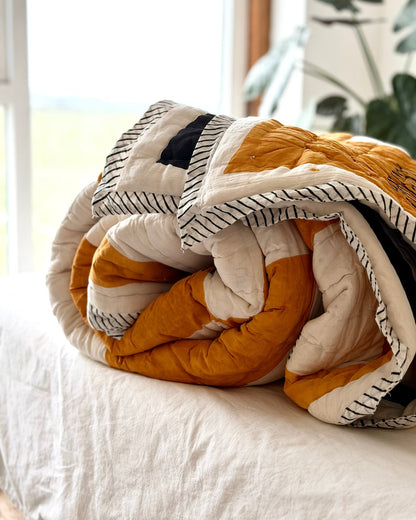 Quilted Kantha In Black, White and Orange With Geometric Squares - SUPER KING - Biggs & Hill