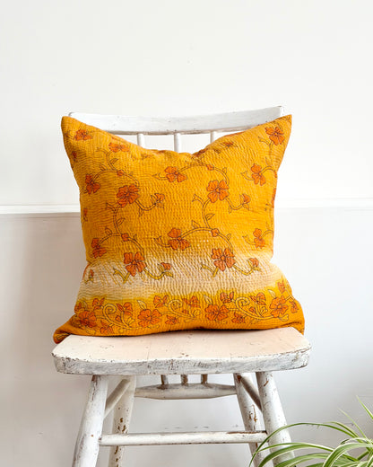 Vintage Kantha Cushion In Yellow Floral - 45cm Square