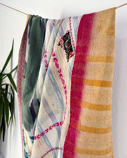 Heavy Fine Stitched Embroidered Vintage Kantha Quilt in Yellow, Pink and Blue - Biggs & Hill