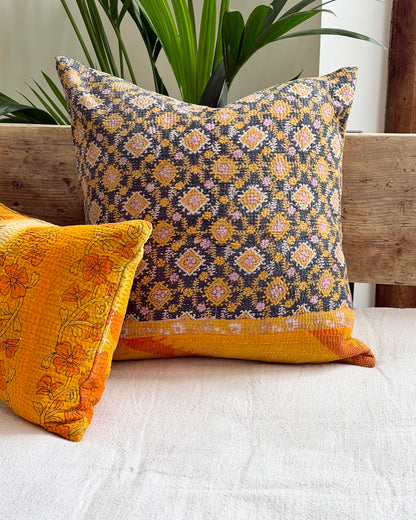 Vintage Kantha Cushion In Yellow and Blue - 45cm Square